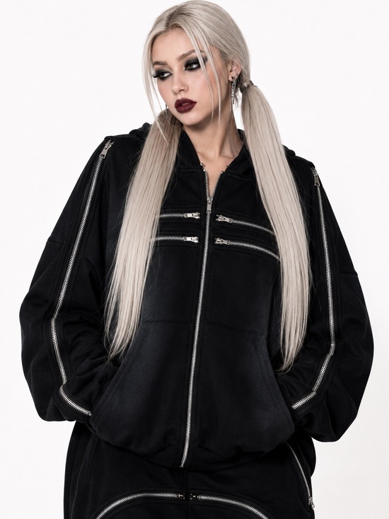 AKIRA Tops - AKIRA Black Zip-Detail Oversized Hoodie